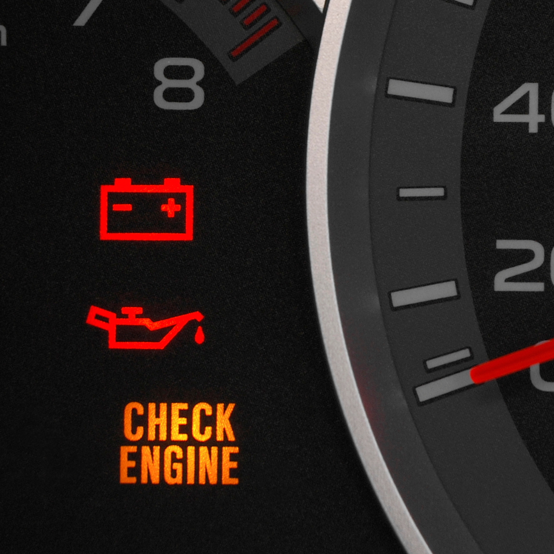 low battery, low oil and check engine light