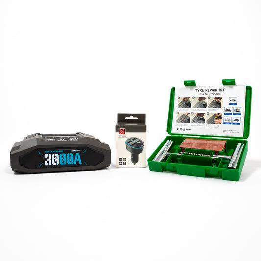 Automotive tools including a digital multimeter, tire repair kit, and a small device on a white background.