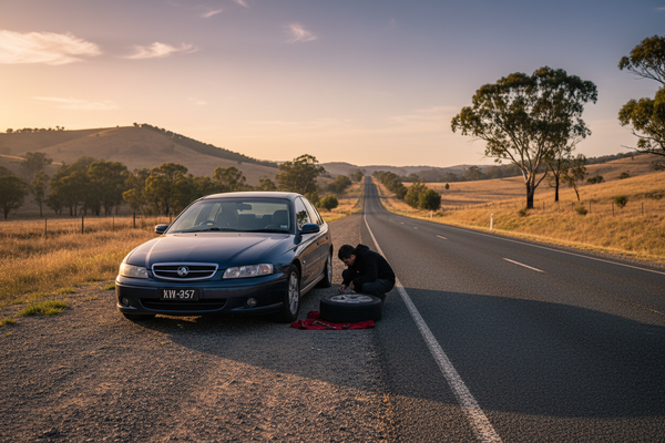Flat tyre on the side of an Australian road showing why a tyre repair kit is essential for emergencies