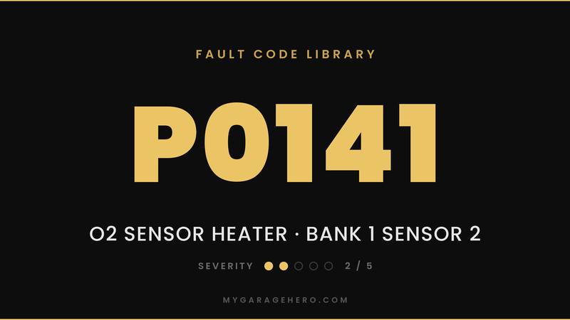 P0141 fault code banner - O2 sensor heater circuit, Bank 1 Sensor 2 - severity 2/5 - My Garage Hero