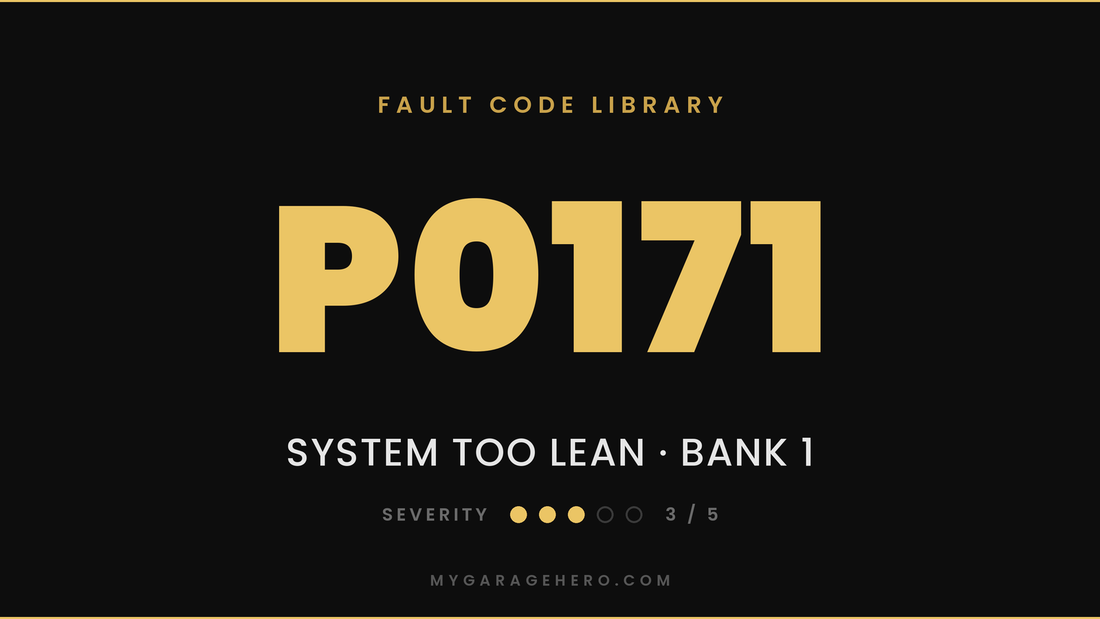 P0171 fault code banner - system too lean, Bank 1 - severity 3/5 - My Garage Hero