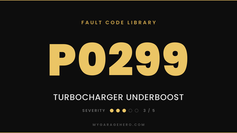 P0299 fault code banner - turbocharger underboost - severity 3/5 - My Garage Hero