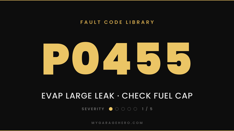 P0455 fault code banner - EVAP system large leak detected - severity 1/5 - My Garage Hero