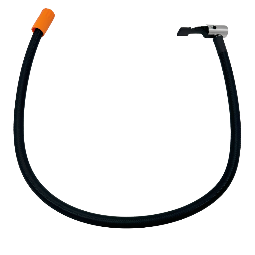 Full-length view of the Boost n Inflate primary air hose, showing the black hose with tyre valve connector on one end and screw-in connector on the other