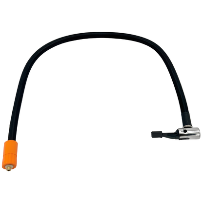 Full-length view of the Boost n Inflate primary air hose, showing the black hose with tyre valve connector on one end and screw-in connector on the other