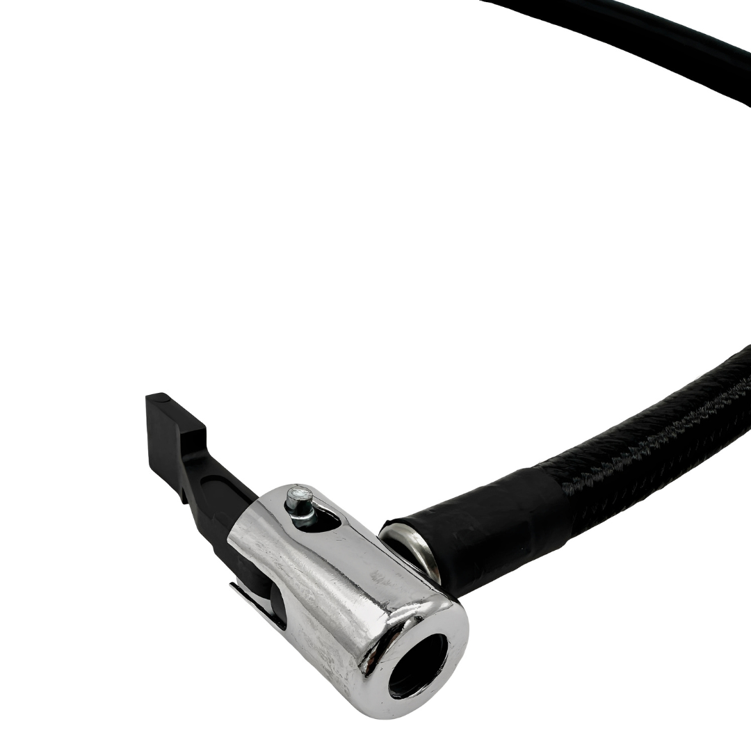 Boost n Inflate air hose – close-up of tyre valve connector attached to hose, showing integrated connector design