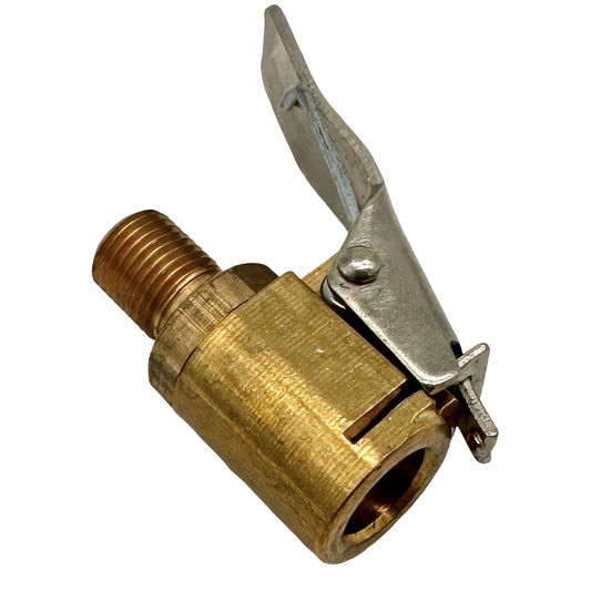 Close-up of the Boost n Inflate pro tyre valve connector showing the metal fitting used to attach the air hose to a tyre valve.