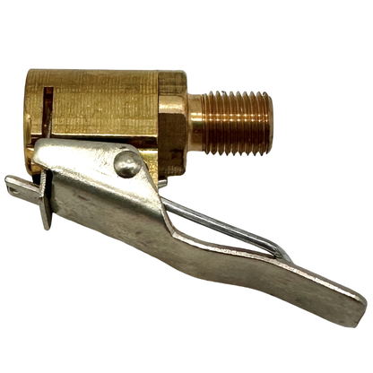 Close-up of the Boost n Inflate Pro tyre valve connector showing the metal fitting used to attach the air hose to a tyre valve.