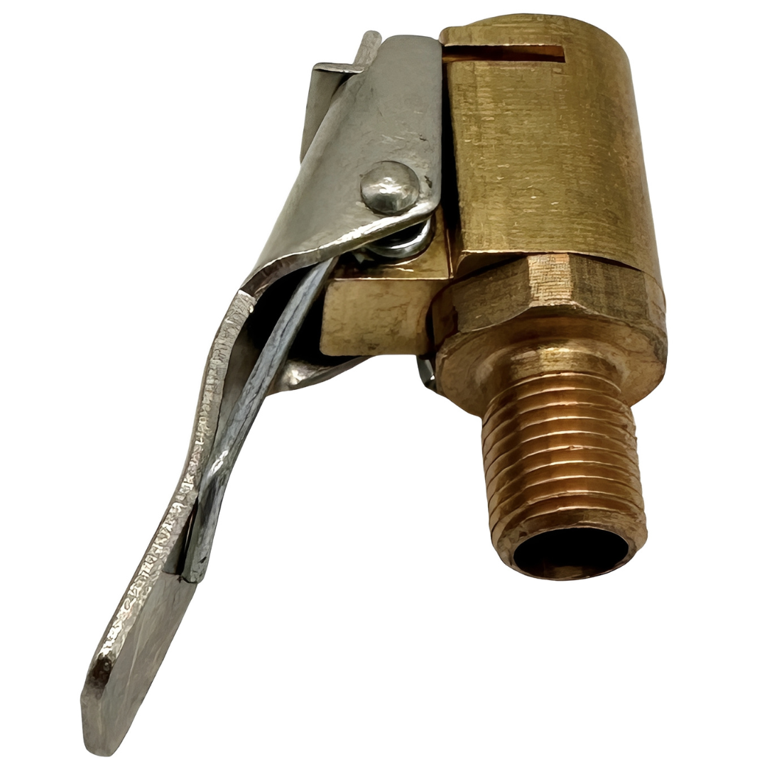 Close-up of the Boost n Inflate Pro tyre valve connector showing the metal fitting used to attach the air hose to a tyre valve.