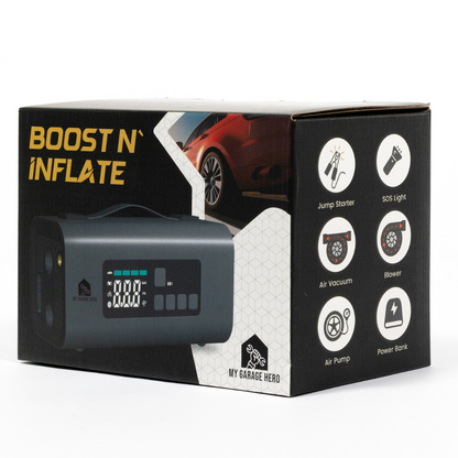 Boost N’ Inflate retail packaging displayed in a white studio setup, showing the product box with feature icons and the unit pictured on the front.