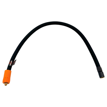 Black air hose with orange quick-connect nozzle on a white background.