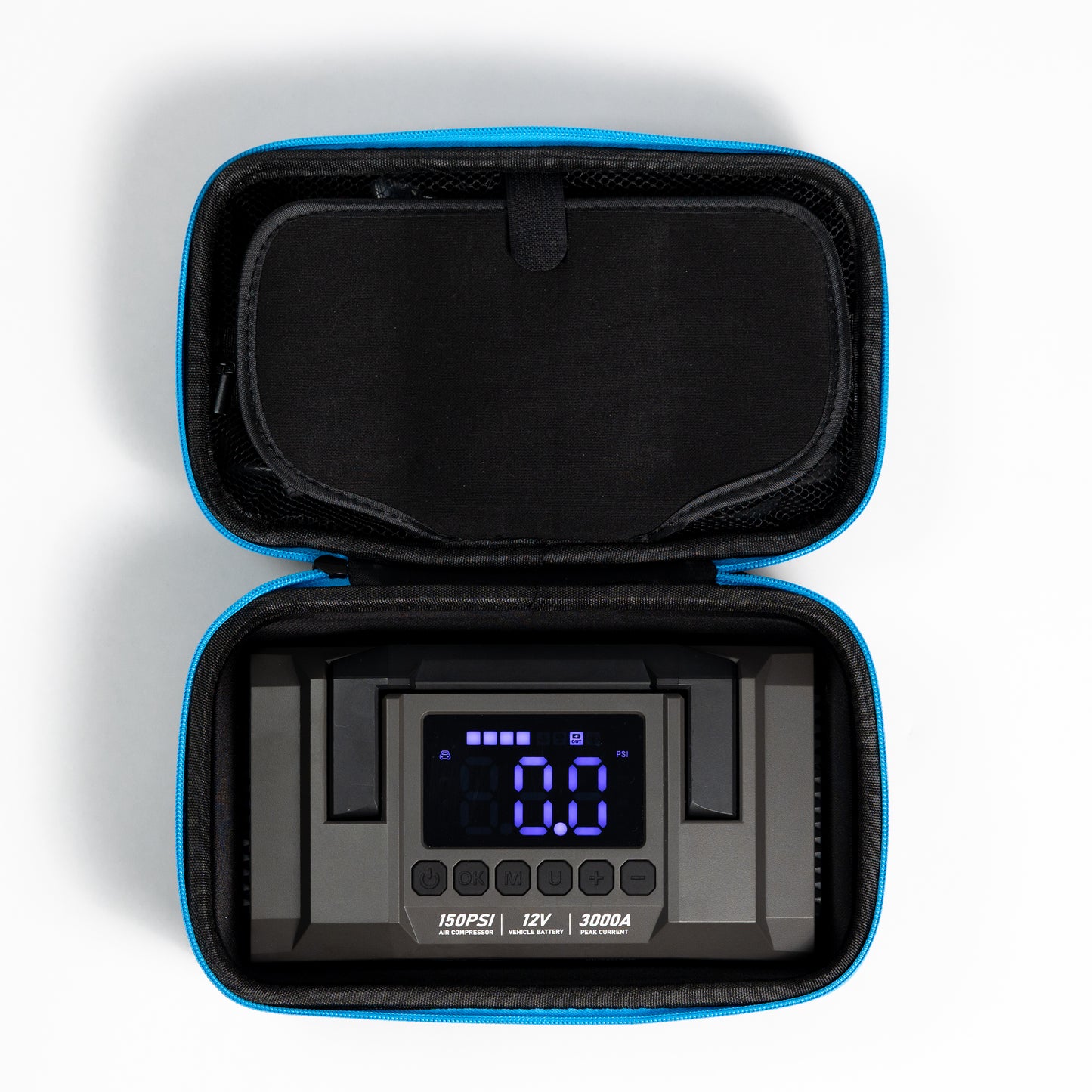 Boost N’ Inflate Pro displayed inside its open premium carry case in a top-down studio shot, showing the digital screen, controls, and organised protective storage.
