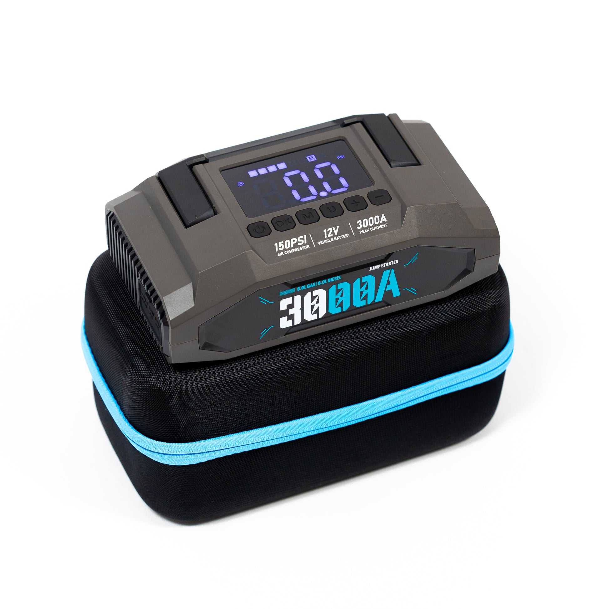 Boost N’ Inflate Pro jump starter and 3000A tyre inflator displayed on top of its premium carry case against a white background, showing the digital screen and front-facing power specifications.