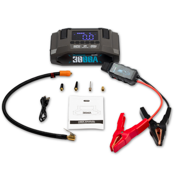Boost N’ Inflate Pro jump starter and tyre inflator laid out with all included accessories: air hose, USB cable, clamps, nozzles, and user manual on a white background.