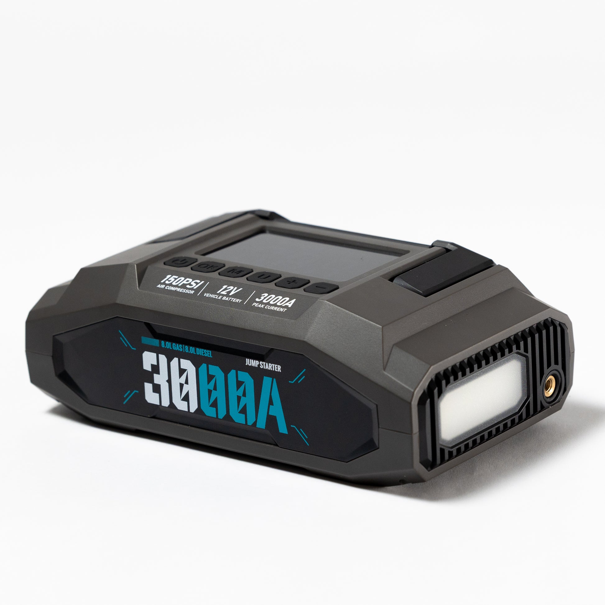 Boost N’ Inflate Pro shown in a clean studio shot on a white background, angled to display the 3000A jump-start rating, front light, and rugged heavy-duty casing.