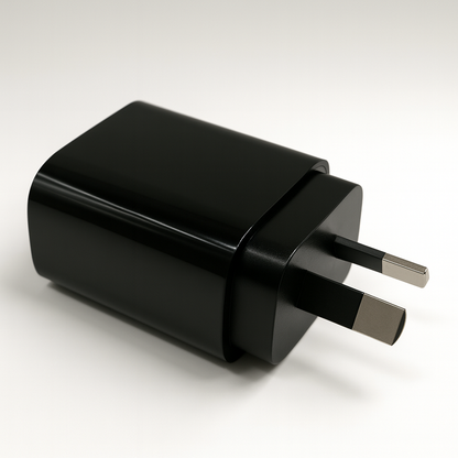 Black wall charger adapter with USB port on a white background, compact power plug for charging devices at home or in the car