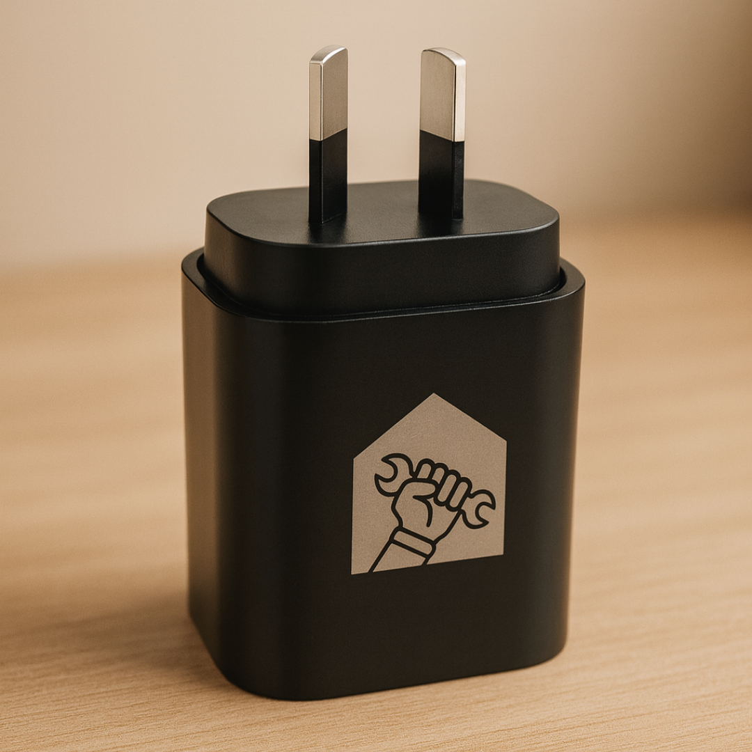 Black wall charger adapter with My Garage Hero logo, standing on a wooden surface with metal prongs visible