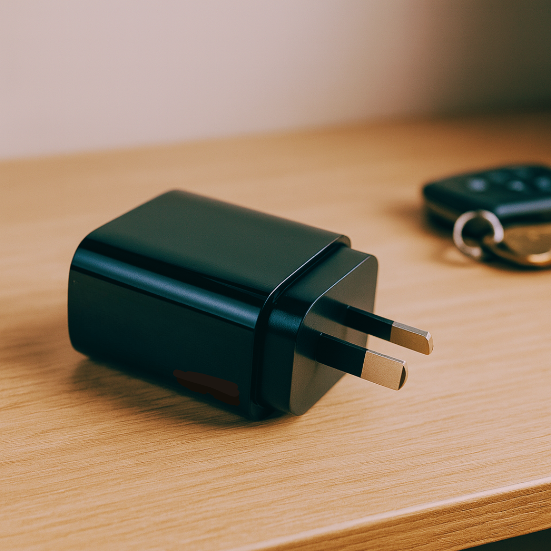 Black wall charger plug resting on a wooden surface, compact power adapter with metal prongs and blurred background
