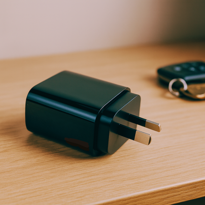 Black wall charger plug resting on a wooden surface, compact power adapter with metal prongs and blurred background