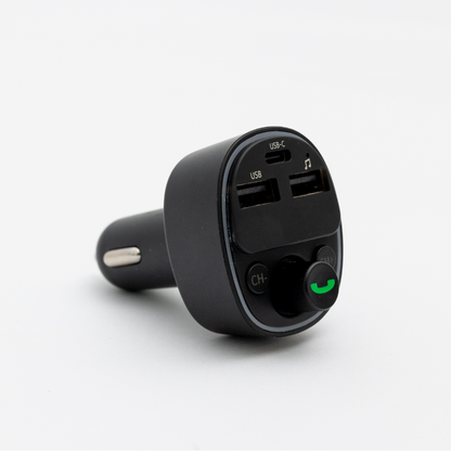 Close-up studio photo of the My Garage Hero Bluetooth Car Charger, showing the USB-C port, dual USB ports, control buttons, and LED indicator on a white background.