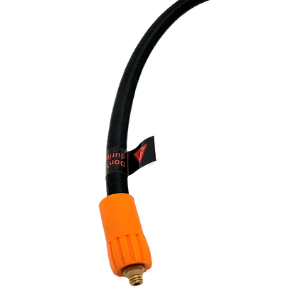 Black air hose with orange quick-connect nozzle on a white background