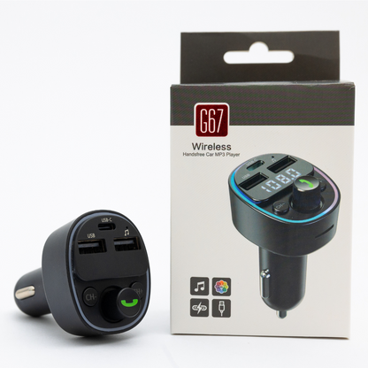 Bluetooth Car Charger shown in a white studio setup beside its retail box, featuring dual USB ports, digital display, and multifunction control buttons on the front.