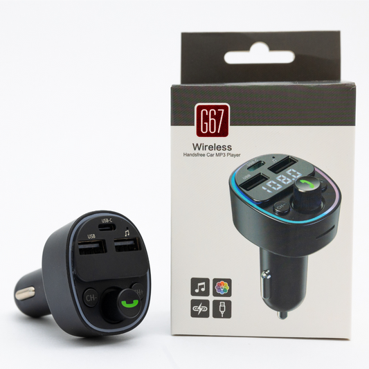 Bluetooth Car Charger shown in a white studio setup beside its retail box, featuring dual USB ports, digital display, and multifunction control buttons on the front.
