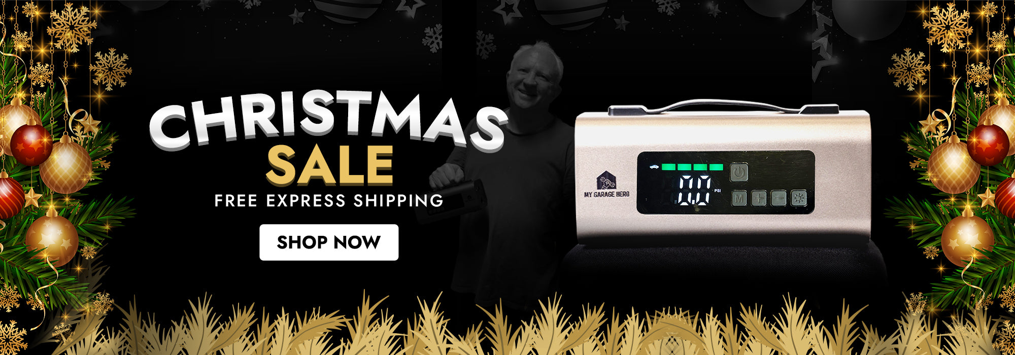 Promotional Christmas sale banner with a jump starter and festive decorations.