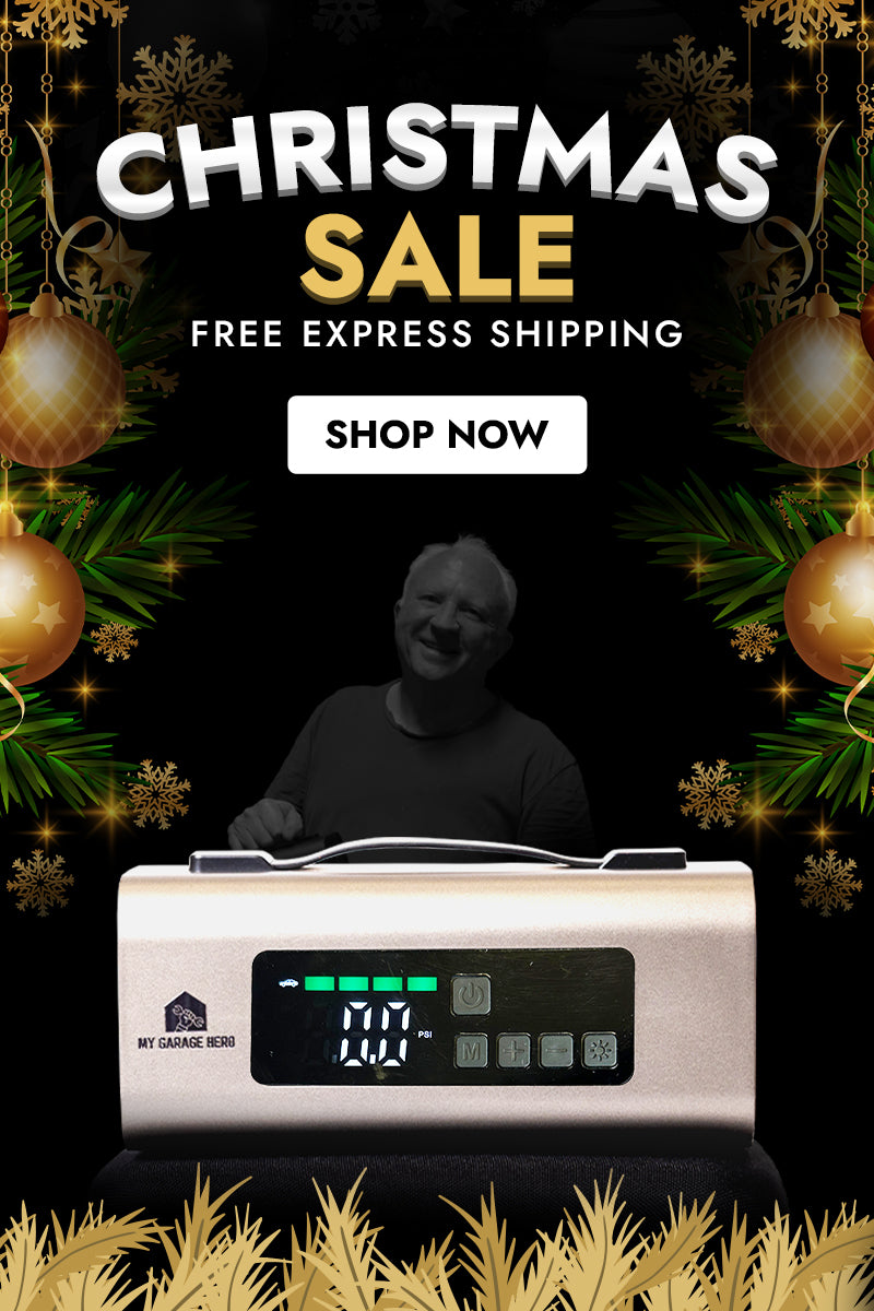 Advertisement for a Christmas sale with a product and festive decorations on a black background.