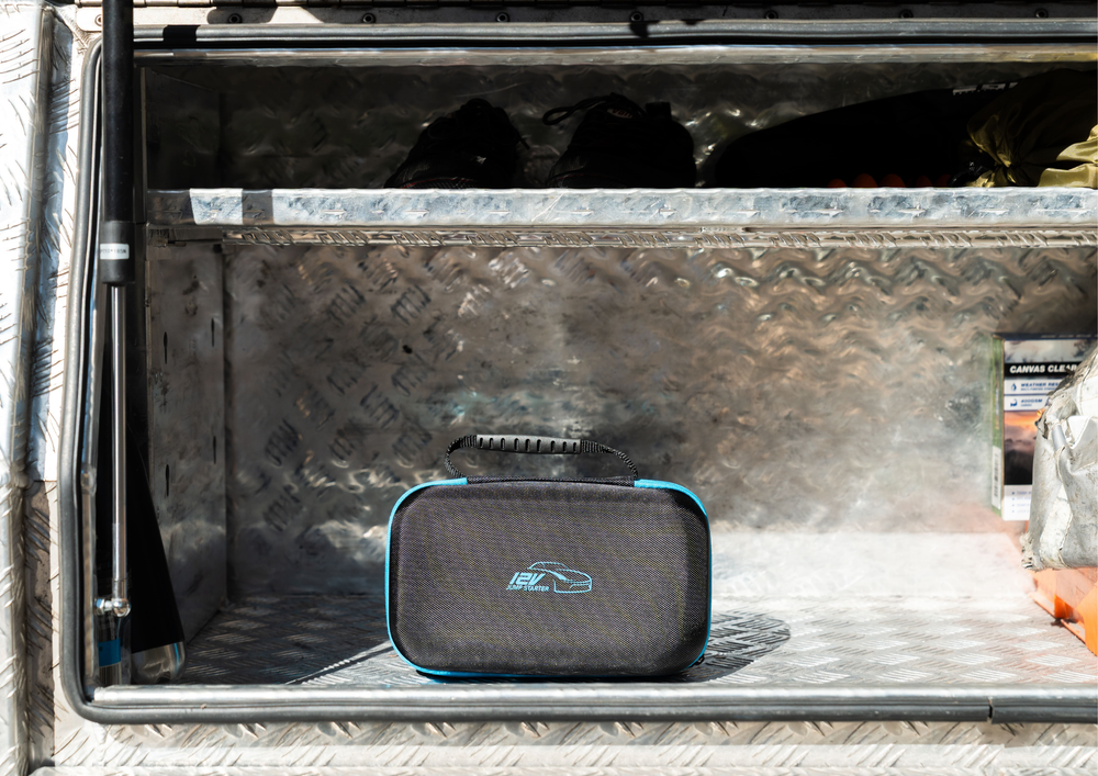 Clean truck bed with all tools removed, showcasing only the Boost N’ Inflate Pro. Highlights how the device replaces bulky, unnecessary gear—keeping the boot tidy, compact, and portable.