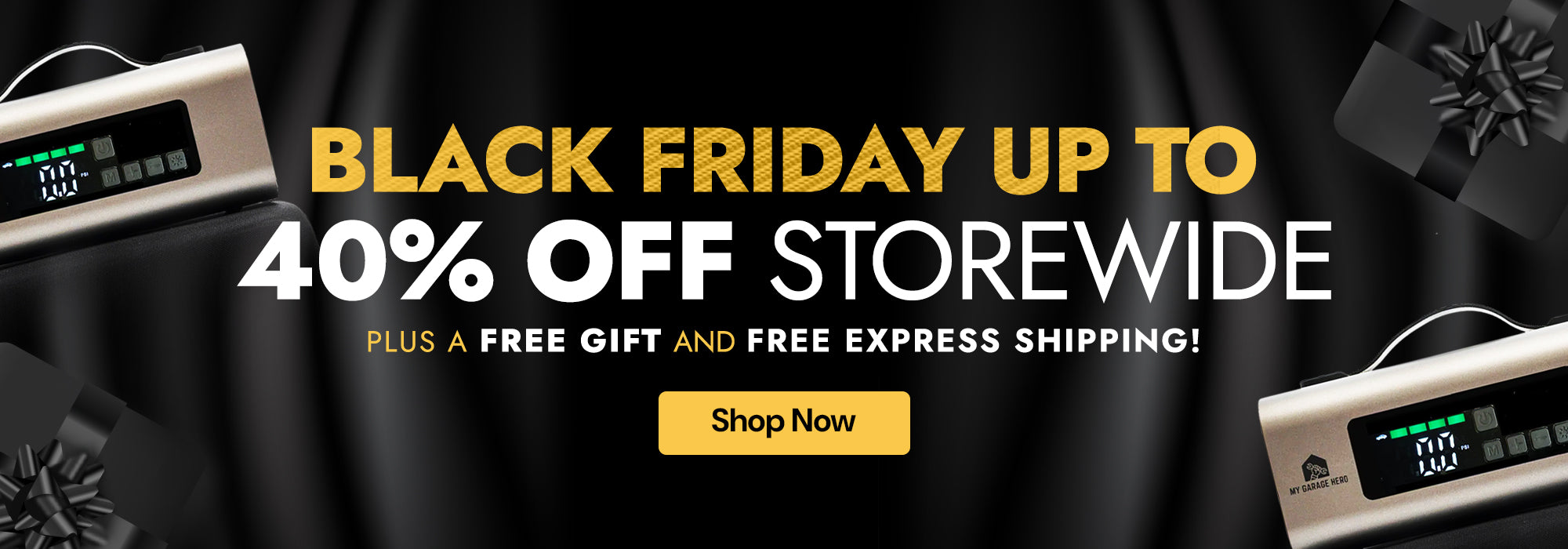 Black Friday sale banner with discounts and promotional text on a black background.