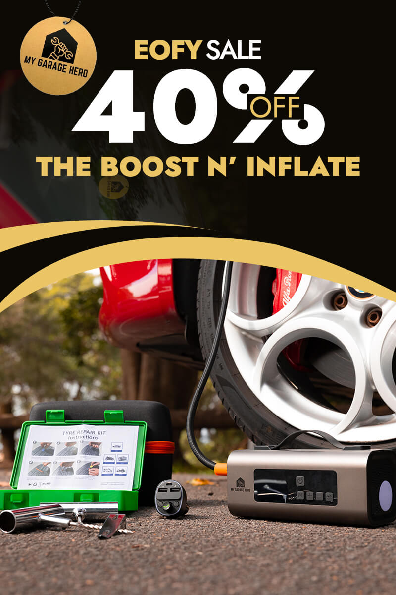 EOFY sale banner showing 40% off the Boost N' Inflate. Bottom of the image features the Boost N' Inflate in use inflating a tyre next to a tyre repair kit and car charger, with My Garage Hero branding throughout.