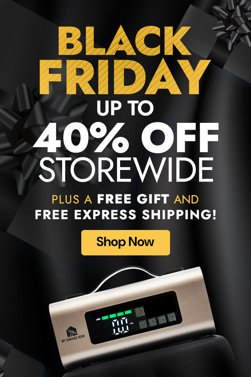 Black Friday sale advertisement with a product and promotional text on a dark background
