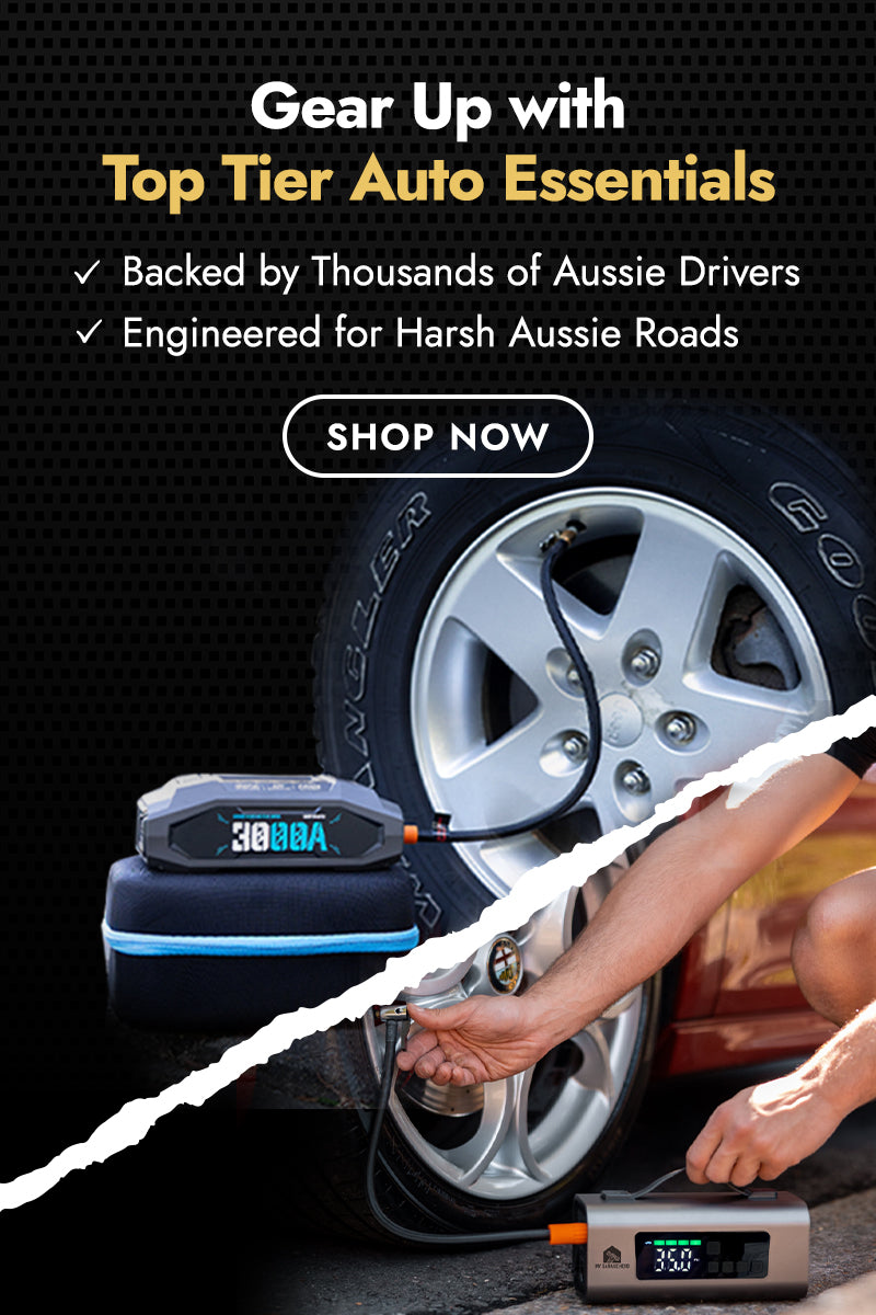 Portable jump starter and tyre inflator in use by Aussie driver, Gear up with top-tier auto essentials built for Australian roads. Shop My Garage Hero's jump starter collection for emergency tyre inflation and jump-start solutions.