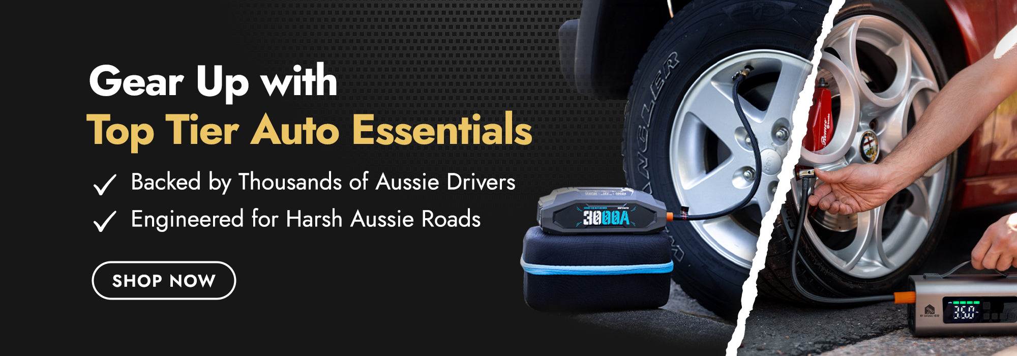 Portable jump starter and tyre inflator in use by Aussie driver, Gear up with top-tier auto essentials built for Australian roads. Shop My Garage Hero's jump starter collection for emergency tyre inflation and jump-start solutions.