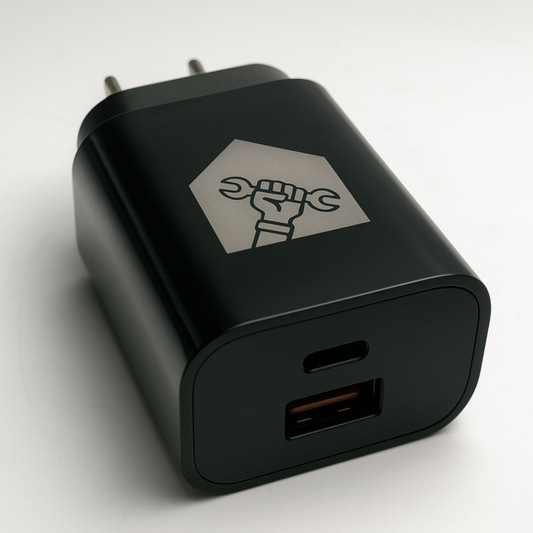 Black charging adapter with USB port on a white background