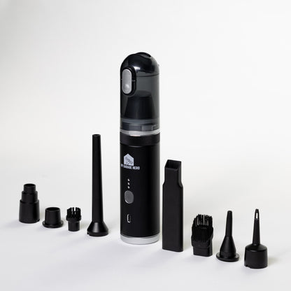 Clean N' Go cordless car vacuum and blower with full 8-piece attachment kit on white background