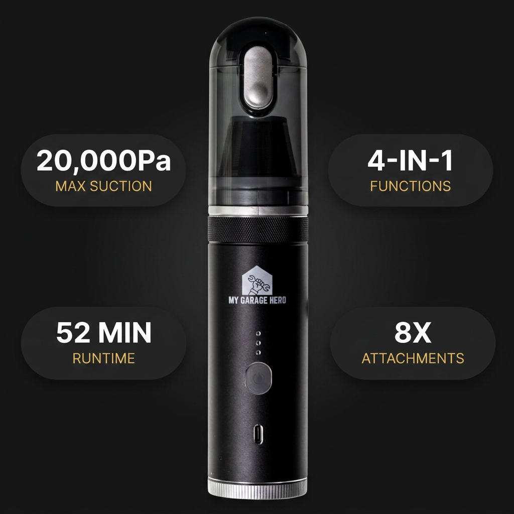 A black cylindrical handheld vacuum cleaner with a clear top chamber, shown on a dark background with five feature callouts: 20,000Pa Max Suction, 4-In-1 Functions, 52 Min Runtime, 8X Attachments, and the MY GARAGE NO. 3 logo on the front.