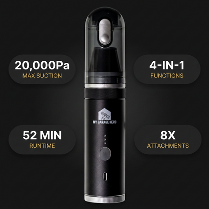 A black cylindrical handheld vacuum cleaner with a clear top chamber, shown on a dark background with five feature callouts: 20,000Pa Max Suction, 4-In-1 Functions, 52 Min Runtime, 8X Attachments, and the MY GARAGE NO. 3 logo on the front.