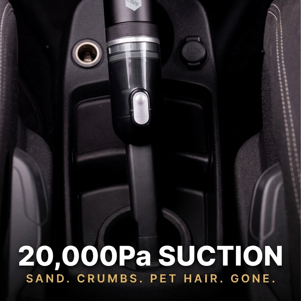 A handheld black car vacuum cleaner shown upright in a car center console, with large text reading '20,000Pa SUCTION' and smaller text 'SAND. CRUMBS.