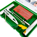 Open Tyre Repair Kit by My Garage Hero showing stainless steel T-handle tools, spiral probe, insertion tool, rubber repair plugs, and printed puncture repair instructions inside a green hard case.