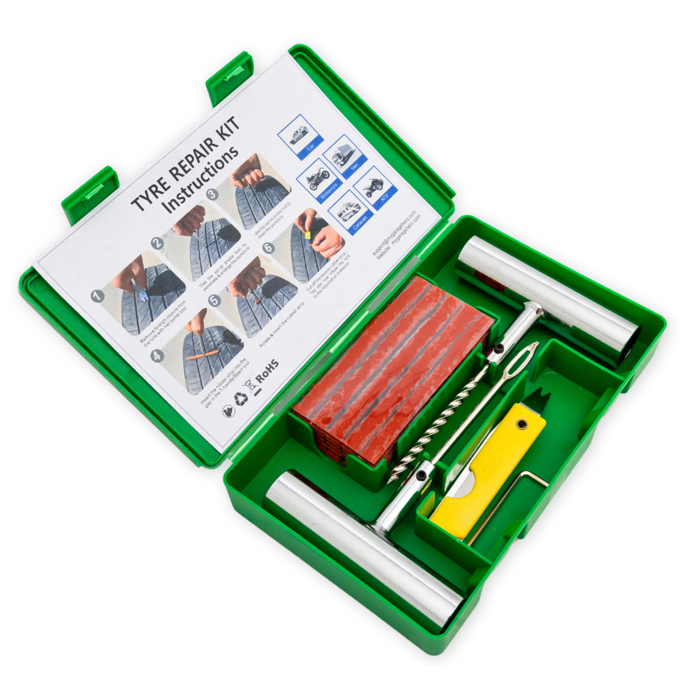 Tyre Repair Kit by My Garage Hero displayed open, showing stainless steel tools, rubber repair plugs, T-handle reamer and plugger, valve tools, and the printed step-by-step puncture repair instructions inside the green hard case.